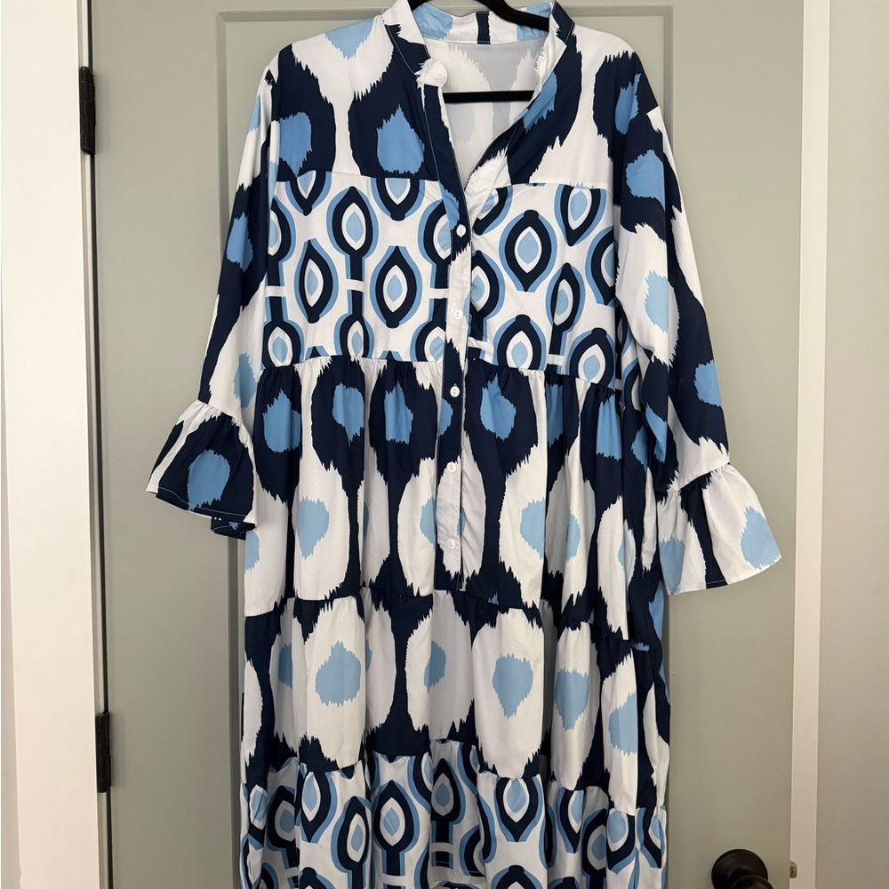 Button-Front Blue Patterned Mini Dress